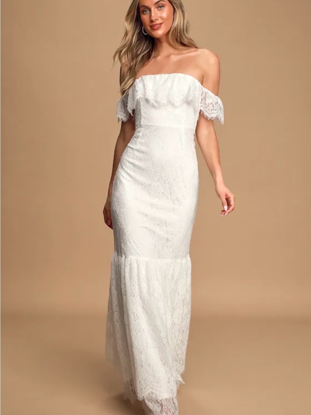 Lulu's White Off-Shoulder Lace Mermaid Wedding Gown